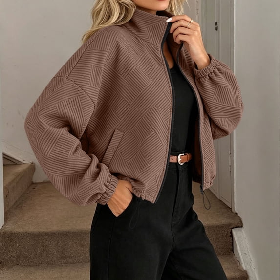 thefmos Women's Stand Collar Zip Up Long Sleeve Jacket with Pocket Drawstring Solid Color Casual Outerwear Trendy Spring Fall Outfit, Brown XL