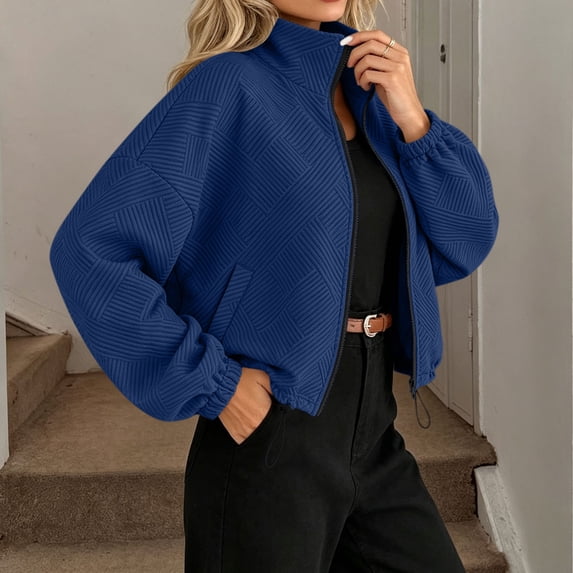 thefmos Women's Stand Collar Zip Up Long Sleeve Jacket with Pocket Drawstring Solid Color Casual Outerwear Trendy Spring Fall Outfit, Navy S