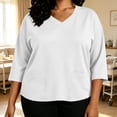 thumbnail image 1 of thefmos Women's V Neck 3/4 Sleeve Pullover Blouse with Pocket Plus Size Solid Color Casual Top Trendy Fall Spring Outfit, White 2XL, 1 of 7