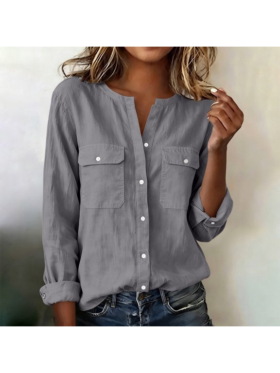 Women's V Neck Button Down Blouse with Pocket Long Sleeve Solid Color Casual Shirt Trendy Fall Outfit, Gray 2XL