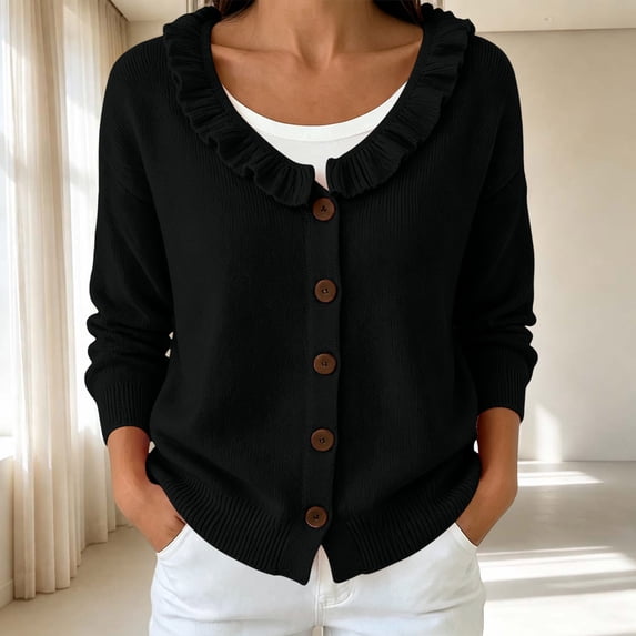 thefmos Women's V Neck Button Front Knit Cardigan Long Sleeve Scalloped Trim Solid Color Casual Outerwear Trendy Fall Winter Clothes, Black S