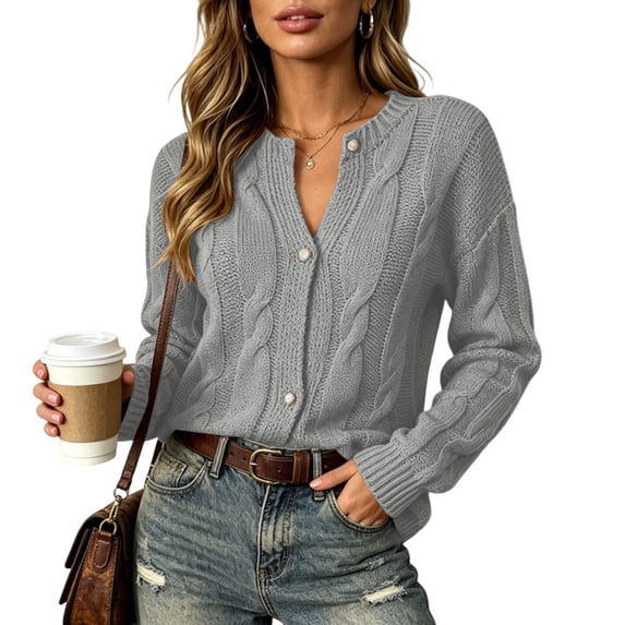 thefmos Women's V-Neck Button Front Sweater Loose Fit Long Sleeve Knit Cardigan Casual Fashion Fall Winter Outfit, Gray XL