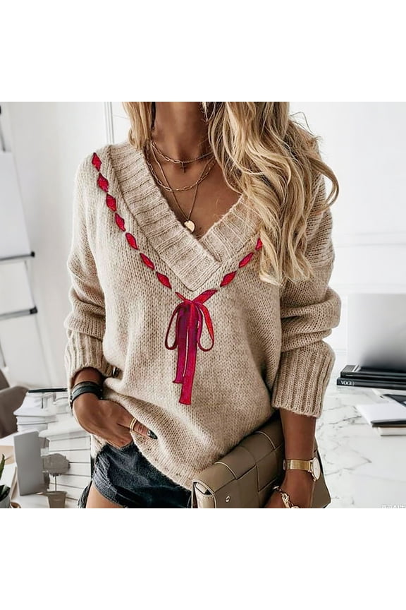 Women's V Neck Color Block Knit Sweater Red Bow Embroidery Solid Color Casual Pullover Tops Fashion Fall Winter Outfit, Khaki L