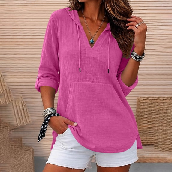 thefmos Women's V Neck Hooded Pullover Top with Pocket Drawstring Lightweight Long Sleeve Solid Color Casual Top Fashion Fall Winter Outfit, Hot Pink L