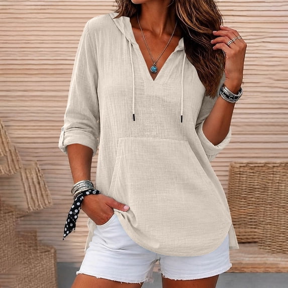 thefmos Women's V Neck Hooded Pullover Top with Pocket Drawstring Lightweight Long Sleeve Solid Color Casual Top Fashion Fall Winter Outfit, Khaki L