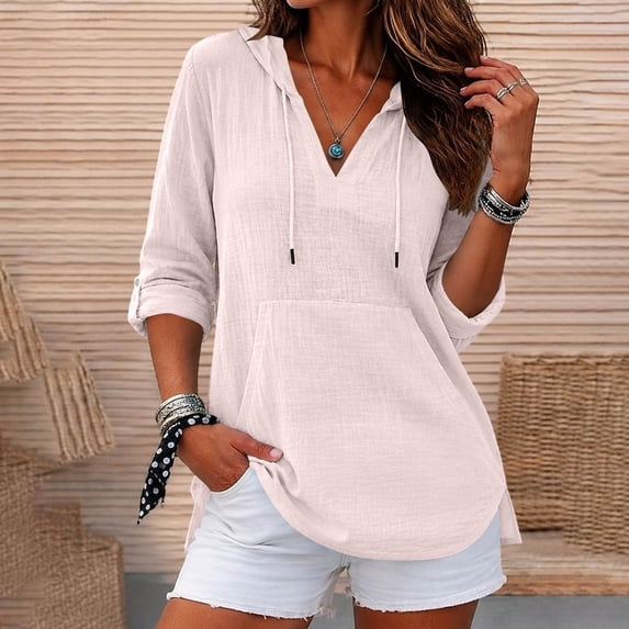 thefmos Women's V Neck Hooded Pullover Top with Pocket Drawstring Lightweight Long Sleeve Solid Color Casual Top Fashion Fall Winter Outfit, Pink XL
