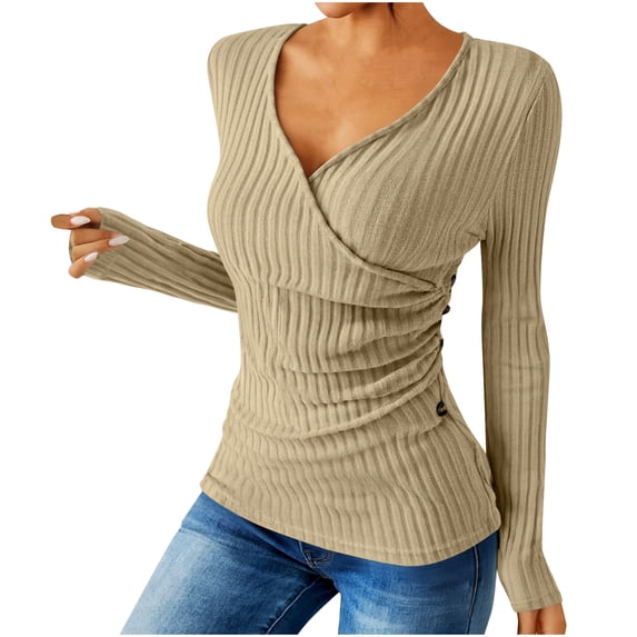 thefmos Women's V-Neck Long Sleeve Knit Top Slim Fit Solid Color Casual Basic Sweater Fashion Fall Spring Outfit, Khaki 2XL