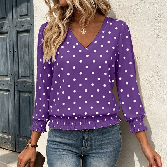thefmos Women's V Neck Polka Dot Blouse Long Sleeve Elastic Cuffs Ruffle Hem Casual Top Fashion Spring Fall Outfit, Purple L