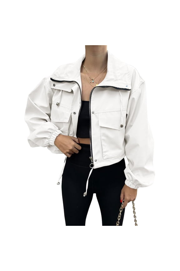 Womens Cropped Long Sleeve Jacket Solid Color Zip Up Lightweight Oversized Utility Anorak Coat with Pockets Casual Fashion Fall Outfit, White M