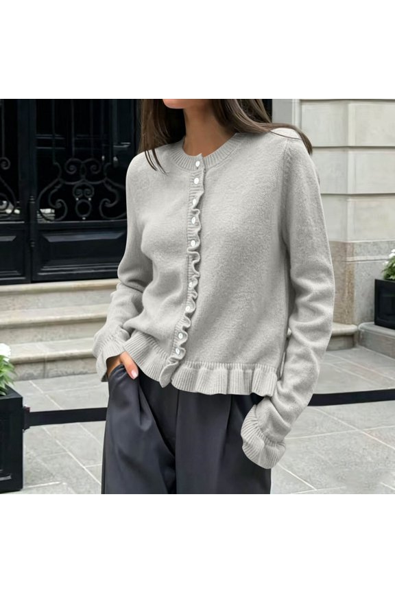 Womens Fall Button Down Cardigans Chunky Knit Ruffle Open Front Cropped Cardigan Sweaters Soft Long Sleeve Tops , Gray Free Size