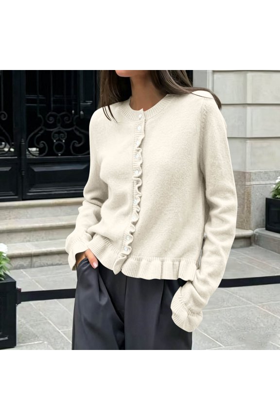 Womens Fall Button Down Cardigans Chunky Knit Ruffle Open Front Cropped Cardigan Sweaters Soft Long Sleeve Tops , White Free Size