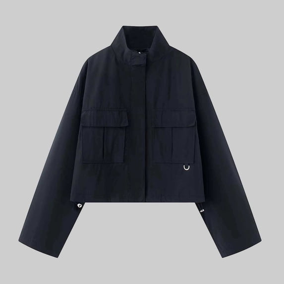 thefmos Womens Stand Collar Jacket Lightweight Casual Zip Up Coat Trendy Fall Outfits Cropped Spring Jackets with Pockets, Black S