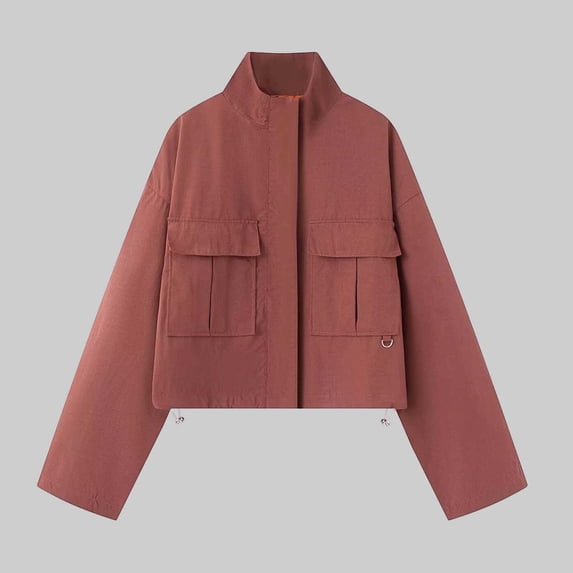 thefmos Womens Stand Collar Jacket Lightweight Casual Zip Up Coat Trendy Fall Outfits Cropped Spring Jackets with Pockets, Red L