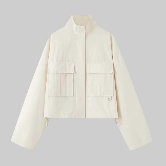 thefmos Womens Stand Collar Jacket Lightweight Casual Zip Up Coat Trendy Fall Outfits Cropped Spring Jackets with Pockets, White S