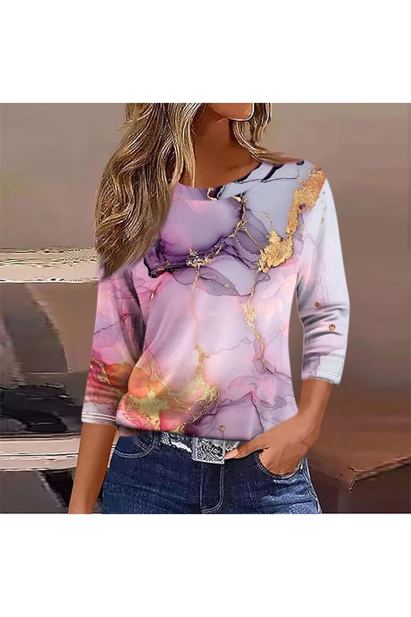 Casual Plus Size Tops for Women Fall Boho Round Neck 3/4 Sleeve Sequins Printed Pullover Blouses Cute Trendy Tshirt Basic Winter Fashion Work Clothes, Pink 5XL