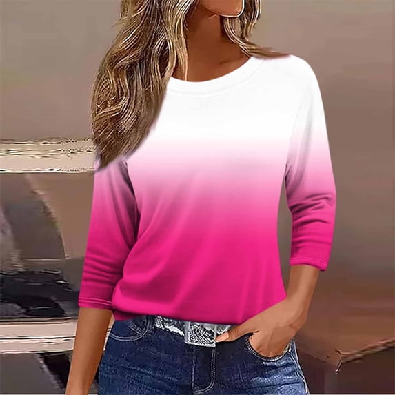 thefmos Fall Winter Women Plus Size 3/4 Sleeve Gradient Pullover Tops Round Neck Casual Tshirt Solid Comfy Loose Fit Blouse Cute Trendy Basic Tunic Shirt Work Clothes, Hot Pink 4XL