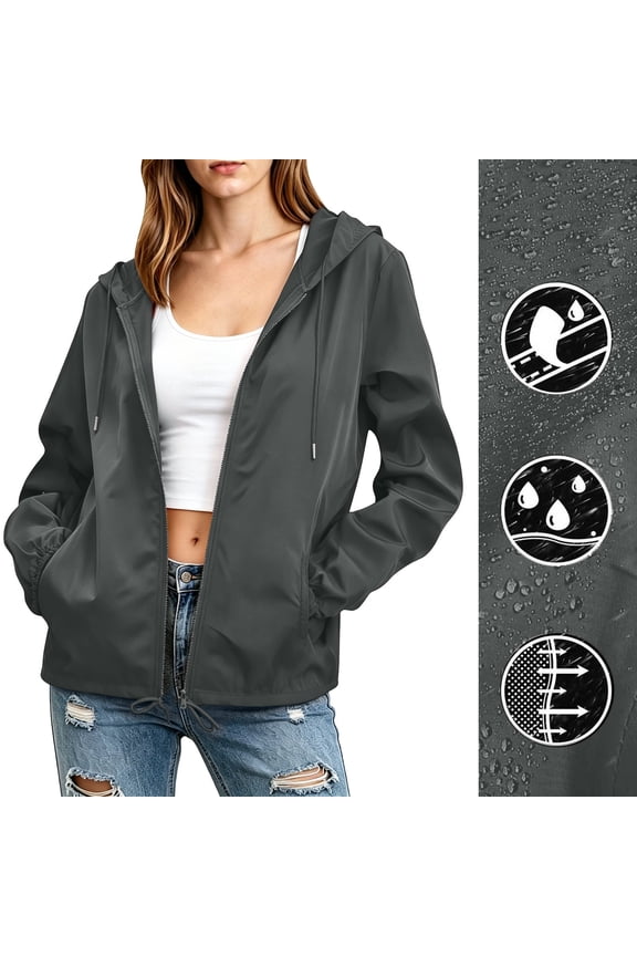 Plus Size Hooded Zip Up Jacket for Women Fall Winter Spring Casual Solid Basic Windbreaker Outdoor Raincoat Long Sleeve Loose Travel Cycling Coat, Dark Gray 2XL