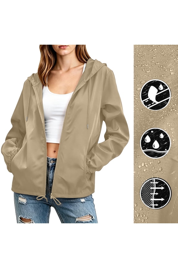 Plus Size Hooded Zip Up Jacket for Women Fall Winter Spring Casual Solid Basic Windbreaker Outdoor Raincoat Long Sleeve Loose Travel Cycling Coat, Khaki XL