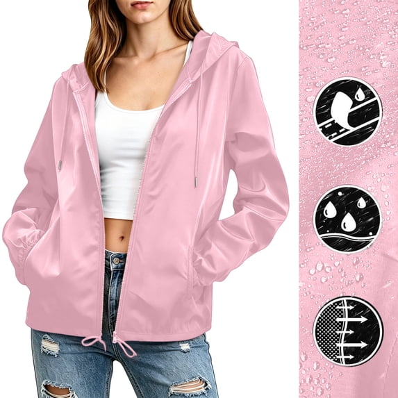 thefmos Plus Size Hooded Zip Up Jacket for Women Fall Winter Spring Casual Solid Basic Windbreaker Outdoor Raincoat Long Sleeve Loose Travel Cycling Coat, Pink M
