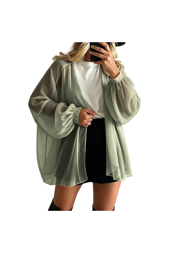 Plus Size Long Sleeve Cardigan for Women Flowy Open Front Casual Cover Up Solid Basic Loose Fit Comfy Duster Lightweight Summer Fall Tops, Green S