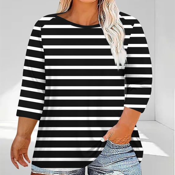 thefmos Plus Size Striped Pullover Tops for Women Fall Winter 3/4 Sleeve Round Neck Comfy Casual Loose Fit Blouses Cute Trendy Tee Shirts Everyday Wear, Black XL