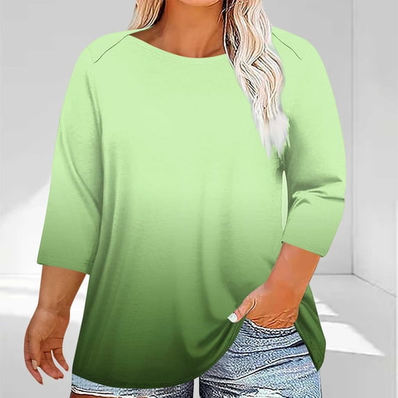 thefmos Plus Size Tops for Women Fall Winter Round Neck 3/4 Sleeve Flowy Casual Basic Pullover Tunic Blouse Loose Fit Comfy Gradient Tshirt Solid Color Dressy Business Work Clothes, Green XL