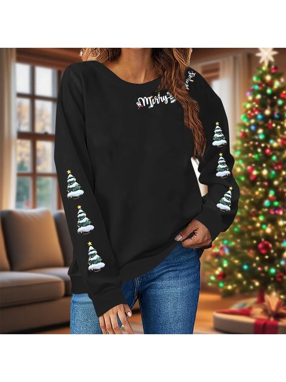 Women Christmas Long Sleeve Pullover Tops Cute Holiday Casual Crew Neck Basic Loose Fit Tunic Blouses Winter Fashion Graphic Sweatshirts Shirts Clothes, Black M