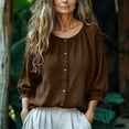 thumbnail image 1 of thefmos Women Fall 3/4 Sleeve Button Down Blouse Round Neck Casual Basic Tops Solid Boho Loose Pullover Trendy Vacation Clothes, Brown M, 1 of 7
