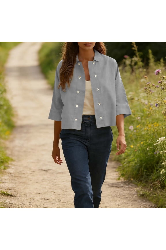 Women Fall Collared 3/4 Sleeve Button Down Open Front Blazer Jackets Casual Tops Loose Fit Office Basic Clothes, Gray M