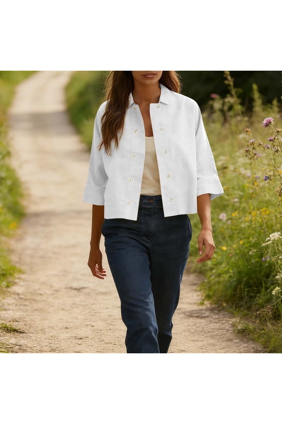 Women Fall Collared 3/4 Sleeve Button Down Open Front Blazer Jackets Casual Tops Loose Fit Office Basic Clothes, White L