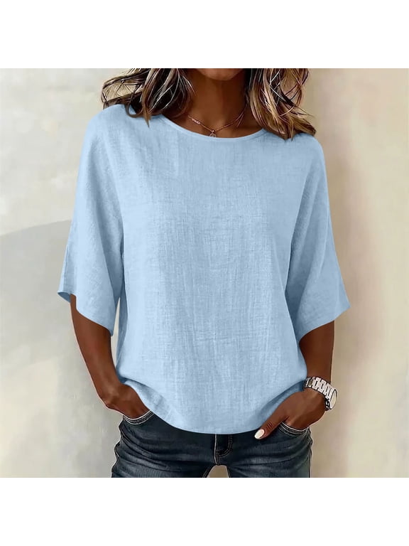 Women Fall Solid Round Neck Short Sleeve T-Shirt Casual Loose Basic Tee Tops Summer Spring Streetwear Vacation Clothes, Light Blue L