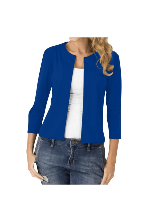 Women Fall Winter 3/4 Sleeve Open Front Blazer Casual Basic Solid Cover Up Tshirt Tops Dressy Trendy Office Work Blouses, Blue 2XL