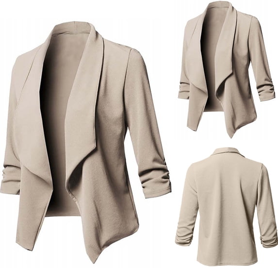 thefmos Women Fall Winter 3/4 Sleeve Ruched Open Front Blazer Jacket Casual Collared Office Work Tops Dressy Basic Cardigan Outwear, Khaki 3XL