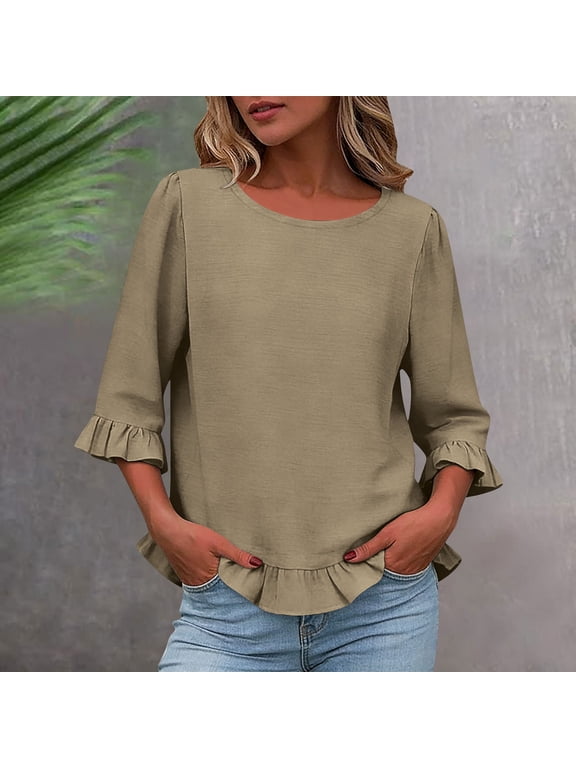 Women Fall Winter 3/4 Sleeve Ruffle Neck Pullover Tops Casual Solid Basic Tee Shirts Blouses Dressy Loose Fit Fashion Clothes, Beige 2XL