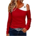 thumbnail image 1 of thefmos Women Fall Winter Cold Shoulder Long Sleeve Asymmetric Solid Casual Pullover Tops Dressy V Neck Loose Blouses Trendy Going Out Vacation Clothes, Red 2XL, 1 of 6