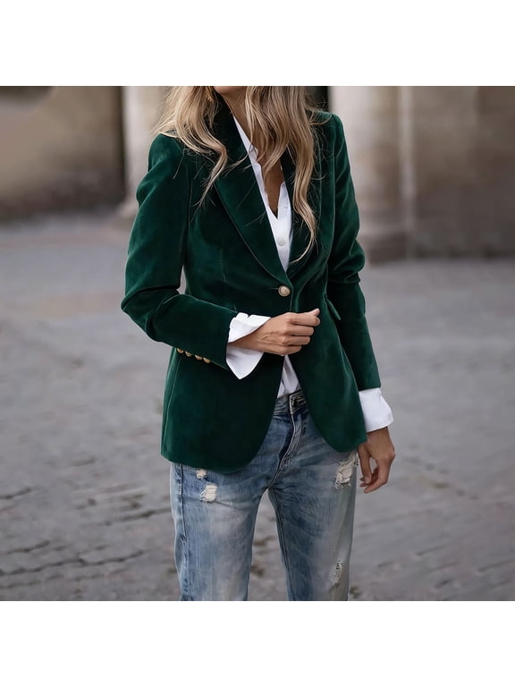 Women Fall Winter Collared Long Sleeve Button Down Blazer Casual Basic Blazer Jacket Business Work Office Tops Dressy Workwear Outfits, Green M