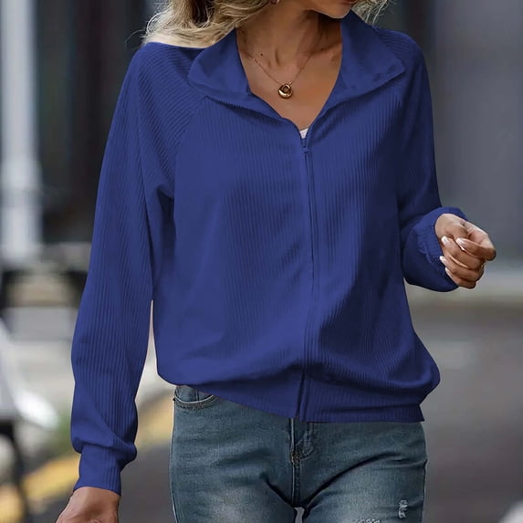 thefmos Women Fall Winter Collared Long Sleeve Zip Up Cardigan Tops Casual Basic Pullover Sweaters Dressy Knit Tops for Work Outdoor, Blue S
