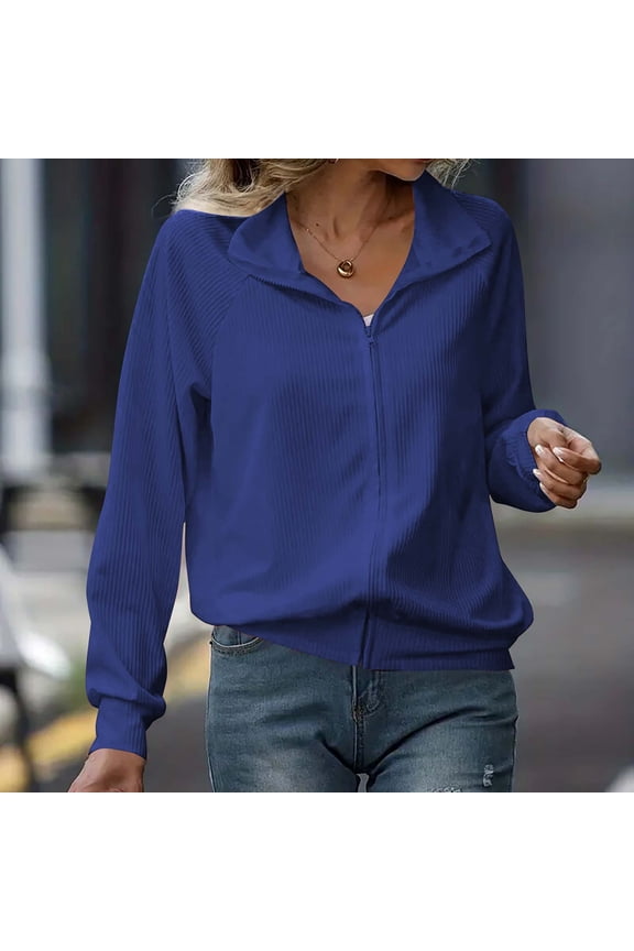 Women Fall Winter Collared Long Sleeve Zip Up Cardigan Tops Casual Basic Pullover Sweaters Dressy Knit Tops for Work Outdoor, Blue S