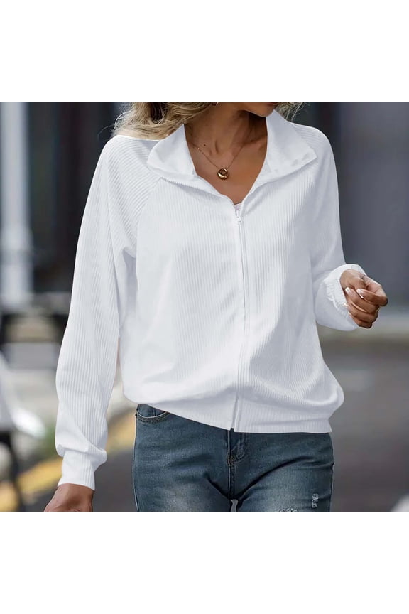 Women Fall Winter Collared Long Sleeve Zip Up Cardigan Tops Casual Basic Pullover Sweaters Dressy Knit Tops for Work Outdoor, White S
