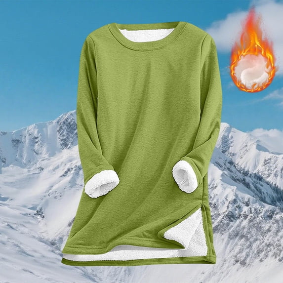 thefmos Women Fall Winter Fleece Lined Long Sleeve Round Neck Pullover Tops Casual Loose Solid Tee Shirts Warm Cozy Sweatshirt Blouses Cold Weather Outfits, Green M