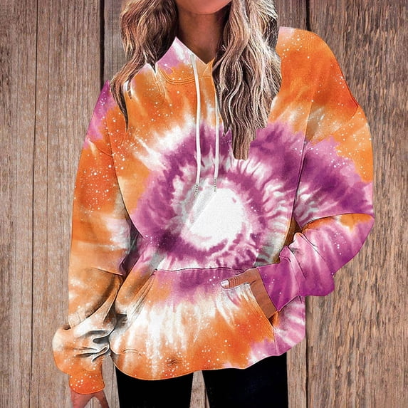 thefmos Women Fall Winter Hooded Tie Dye Loose Pullover Tops Sweatshirts Casual Long Sleeve Streetwear Oversized Sweatshirt with Pockets Trendy Cozy Fashion, Orange S