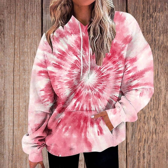 thefmos Women Fall Winter Hooded Tie Dye Loose Pullover Tops Sweatshirts Casual Long Sleeve Streetwear Oversized Sweatshirt with Pockets Trendy Cozy Fashion, Hot Pink 2XL