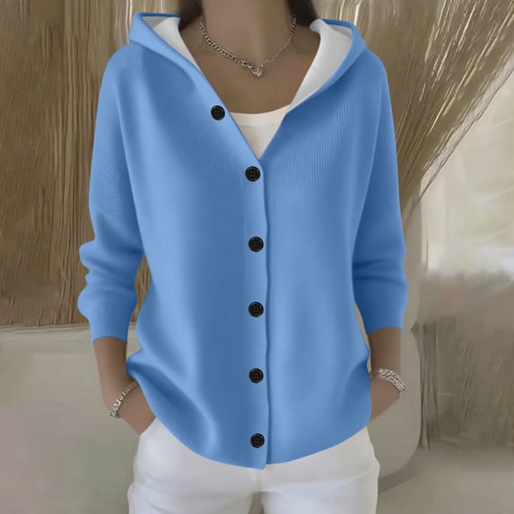 thefmos Women Fall Winter Long Sleeve Button Down Hooded Cardigan Sweater Casual Basic Solid Tops Cozy Knit Outerwear For Daily Wear, Blue 2XL