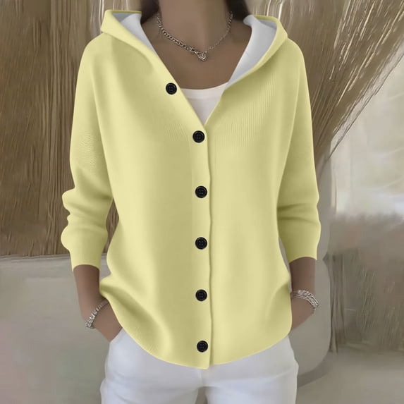 thefmos Women Fall Winter Long Sleeve Button Down Hooded Cardigan Sweater Casual Basic Solid Tops Cozy Knit Outerwear For Daily Wear, Khaki L