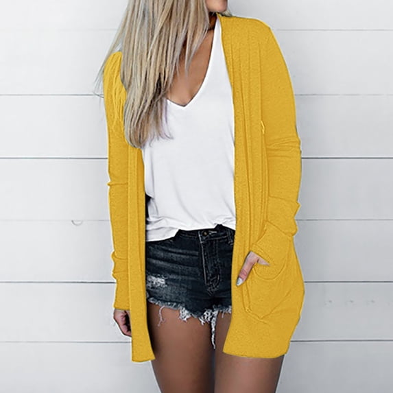 thefmos Women Fall Winter Long Sleeve Open Front Cardigan Casual Solid Basic Cover Up Tops Dressy Knit Sweaters for Trendy Vacation Fashion Clothes, Yellow S