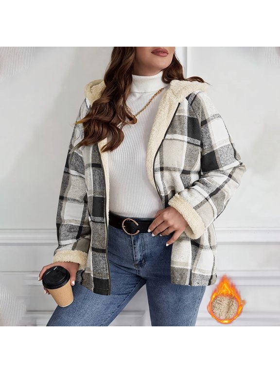 Women Fall Winter Long Sleeve Plaid Plus Size Coat Hooded Fleece Outwear Warm Casual Jacket Winter Vacation Travel Clothes, Gray M