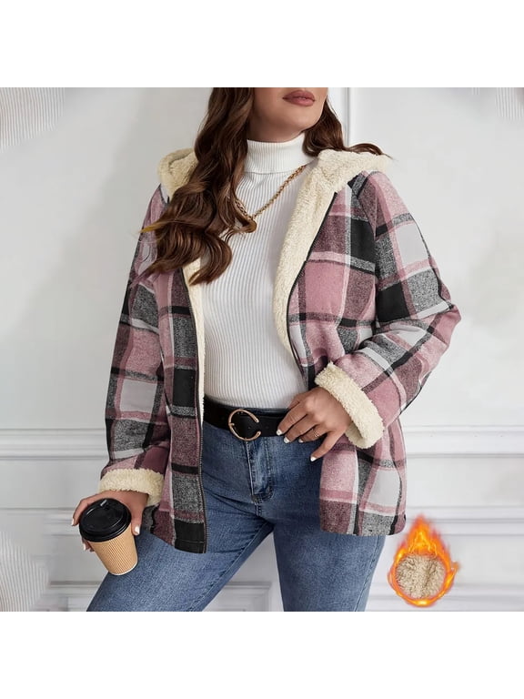 Women Fall Winter Long Sleeve Plaid Plus Size Coat Hooded Fleece Outwear Warm Casual Jacket Winter Vacation Travel Clothes, Pink XL