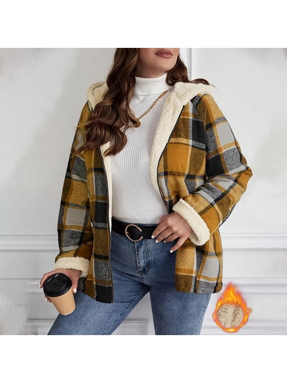 Women Fall Winter Long Sleeve Plaid Plus Size Coat Hooded Fleece Outwear Warm Casual Jacket Winter Vacation Travel Clothes, Yellow L