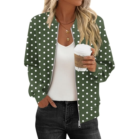 thefmos Women Fall Winter Long Sleeve Polka Dot Zipper Blazer Jackets Casual Basic Tops Trendy Office Work Fashion Clothes, Green XL