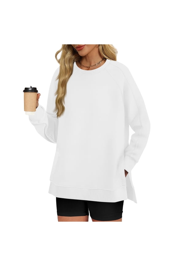 Women Fall Winter Long Sleeve Side Slit Tunic Tops Round Neck Casual Loose Pullover Blouses Solid Dressy T-Shirts for Vacation Trendy Clothes, White 2XL